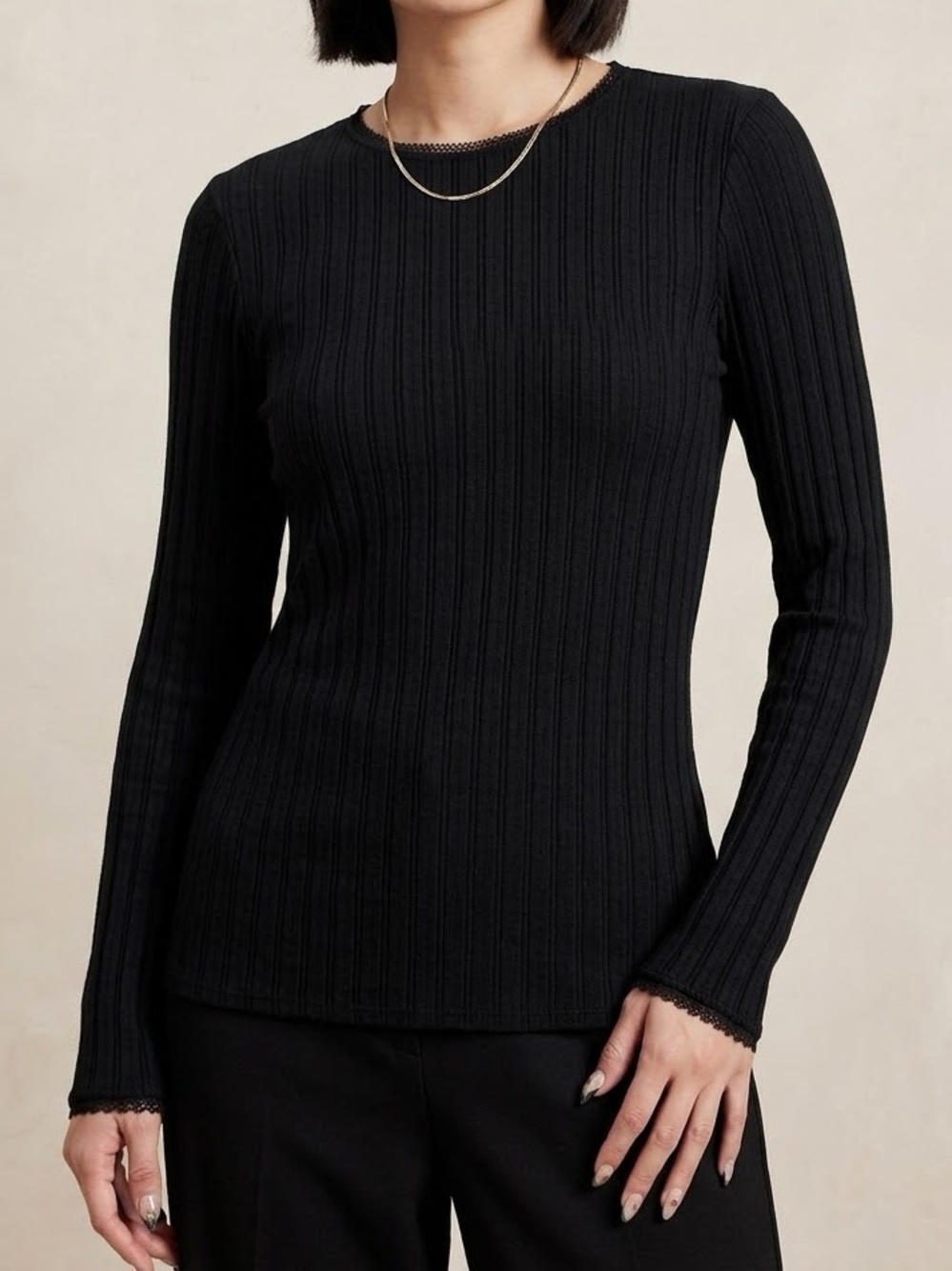 J.CREW Pointelle Long-Sleeve T-Shirt in Black Ribbed Knit CC996 NWT